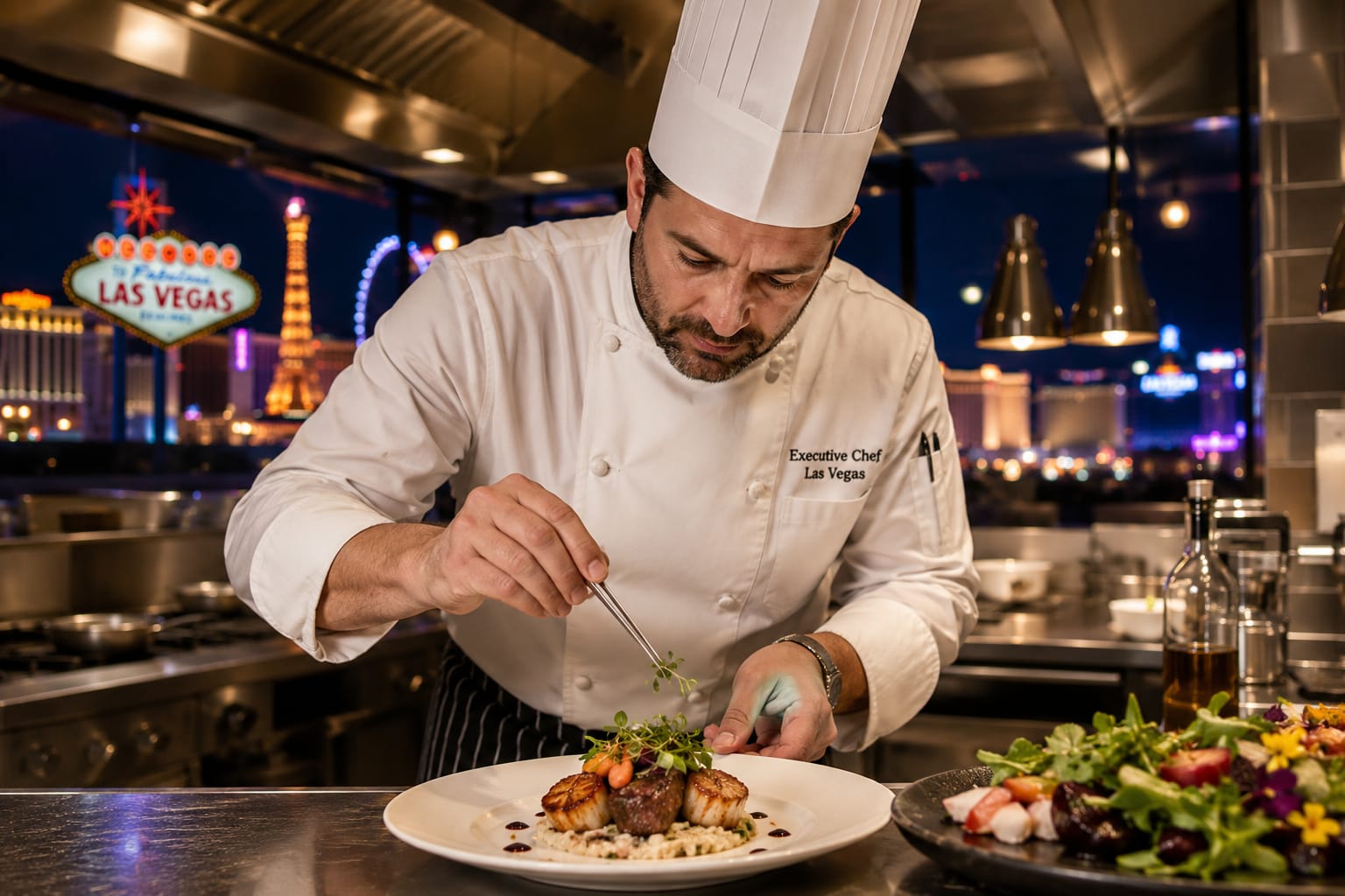 Las Vegas chef carefully plating a dinner