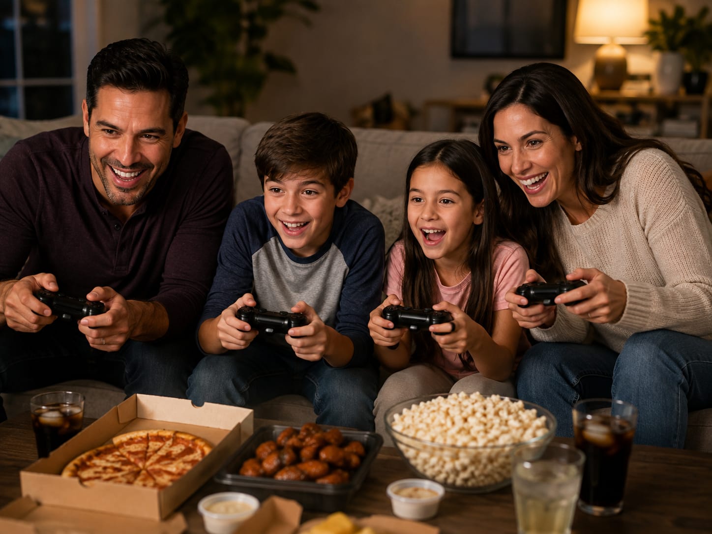 Family enjoying food and video games together