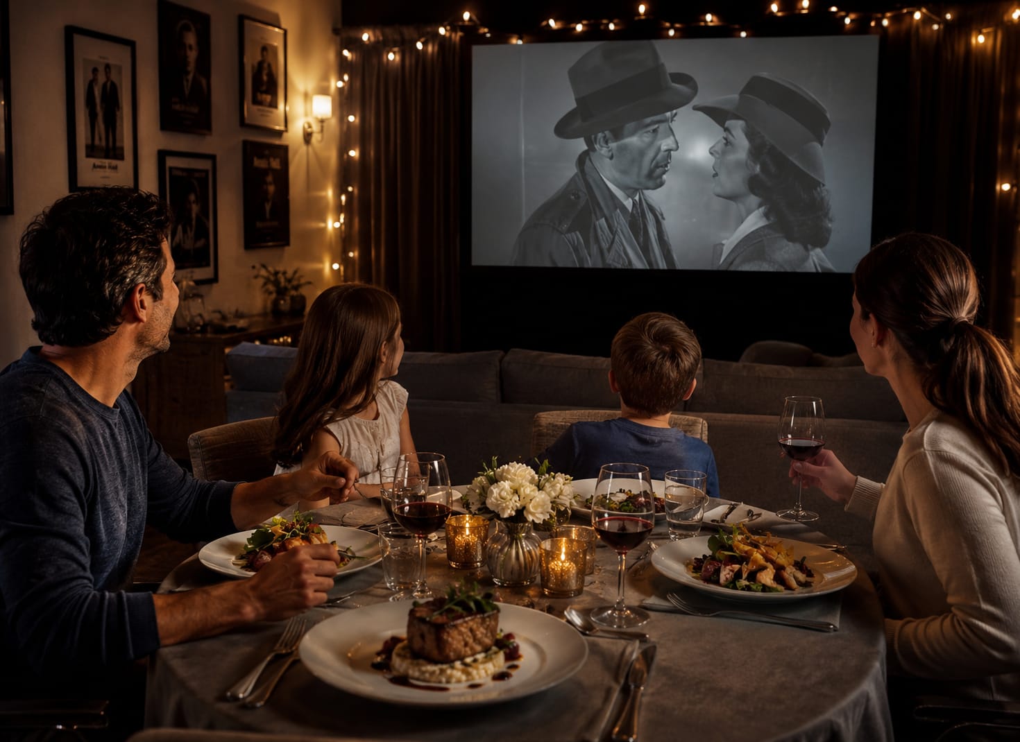 Family enjoying dinner and a classic movie