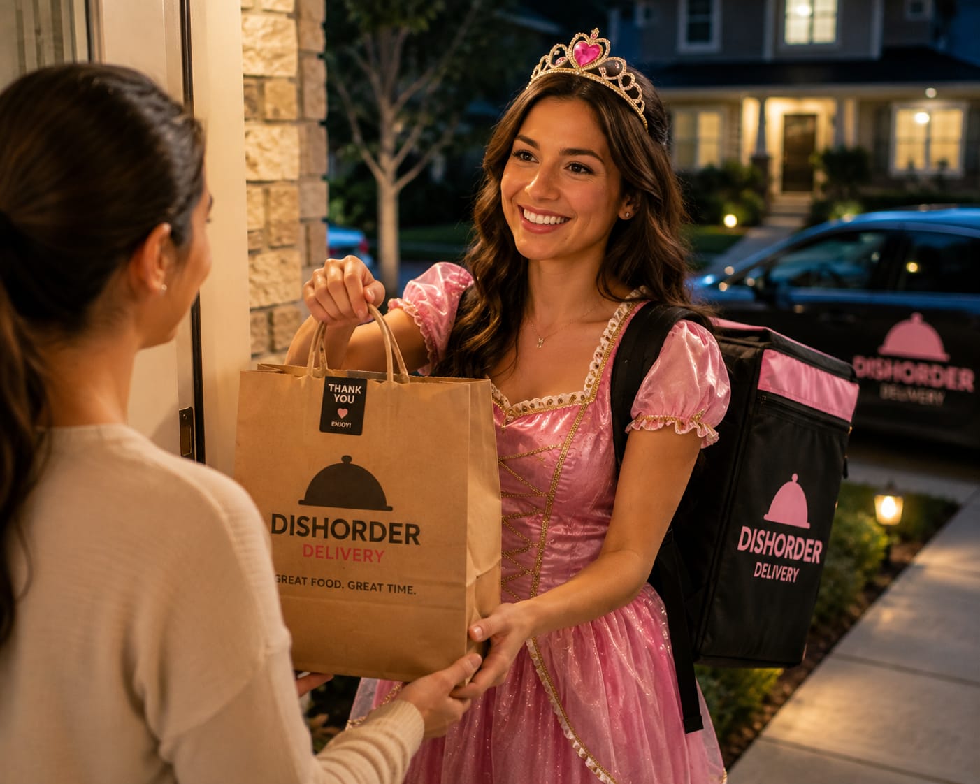 DishOrder driver dressed as a princess